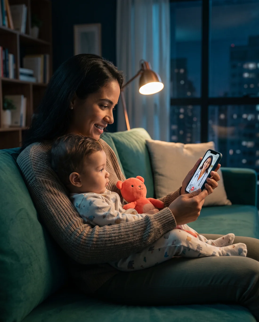 Mãe com o filho no colo, no sofá à noite, em atendimento por vídeo com uma médica no celular
